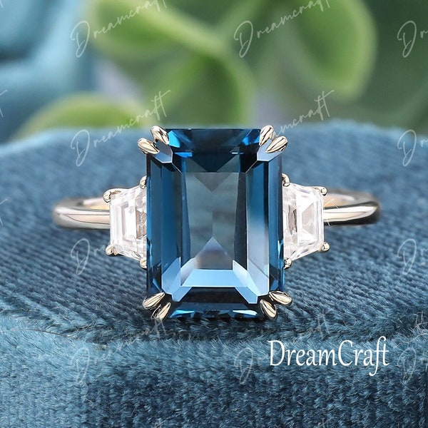 Anillo de compromiso de topacio azul de Londres 4CT corte esmeralda vintage único anillo de compromiso de oro macizo boda anillo nupcial anillo de aniversario regalo mujeres