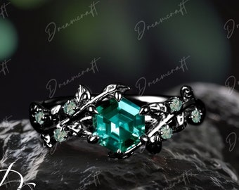 Hexagon Cut Emerald Engagement Ring  Art Deco Leaf Black Gold Twig Cluster Promise Ring Green Gemstone Bridal Ring Jewelry Gift For Her