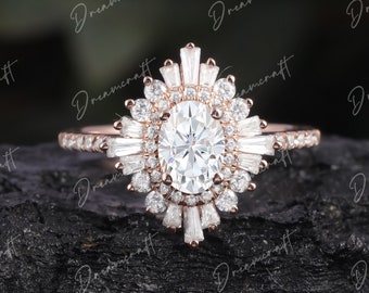 Moissanite engagement ring Vintage  Oval 14k rose gold halo diamond  moissanite rings Art deco ring wedding bridal ring Unique Anniversary