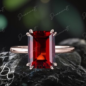 Emerald Cut Garnet Engagement Ring 4ct Solid 14K Gold Promise Ring Solitaire Ring Red Gemstone Statement Ring Jan Birthstone Ring  Women