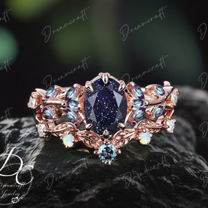 Vintage Oval Blue Sandstone Engagement Ring Sets Nature Inspired Cluster Promise Ring Rose Gold Art Deco Leaf Women Gemstone Branch Ring