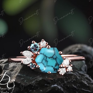Anillo de compromiso vintage con turquesa de corte hexagonal en oro rosa, anillo de promesa único para ella, anillo de novia con piedras preciosas art déco, regalo de aniversario