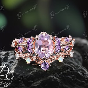 Vintage Oval lavender Amethyst Engagement Ring Sets Nature Inspired Cluster Promise Ring Feb Brithstone Rose Gold Art Deco Leaf Branch Ring