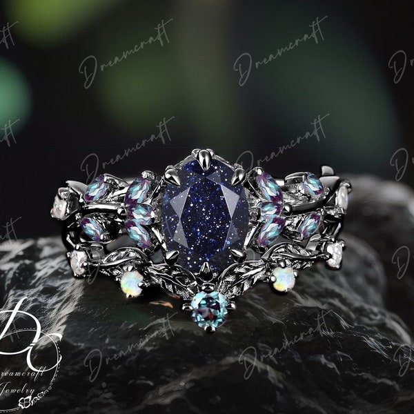 Anel de noivado gótico em ouro negro oval com corte oval em arenito azul, conjunto de noivas inspirado na natureza, anel de compromisso em cluster, folha art déco, ramo de pedra preciosa