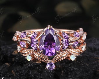 Vintage Pear Amethyst Engagement Ring Sets Nature Inspired Cluster Promise Ring Feb Brithstone Rose Gold Art Deco Leaf Gemstone Branch Ring