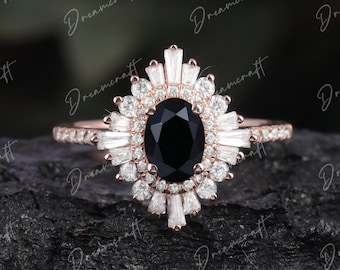 Schwarzer Onyx Verlobungsring Vintage Oval 14k rose gold Halo Diamant /CZ Ringe Art Deco Ring Hochzeit Brautring Unikat Jahrestag