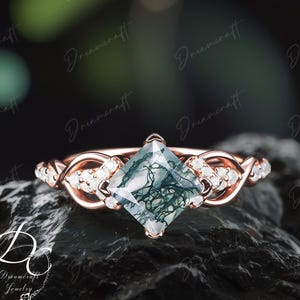 Princess Cut Moss Agate Engagement Ring Vintage Engagement Ring Rose Gold Promise Ring Moissanite Wedding Bridal Ring Anniversary Ring