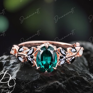 Vintage Oval Cut Emerald Engagement Ring Nature Inspired Cluster Promise Ring Rose Gold Art Deco Leaf Green May Birthstone Branch Ring