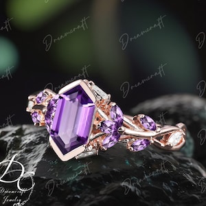 Vintage Hexagon Cut Amethyst Engagement Ring Nature Inspired Cluster Promise Ring Rose Gold Art Deco Leaf purple Gemstone Branch Ring Women