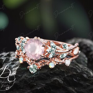 Vintage Rose Quartz Engagement Ring Nature Inspired Cluster Promise Ring Rose Gold Art Deco Leaf Pink Gemstone Branch Bridal Sets Ring Gifts