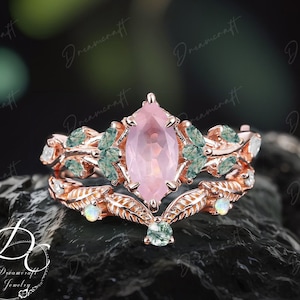 Round Cut Pink Opal Ring Vintage Rose Gold Leaf Engagement