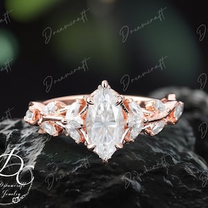 Vintage Marquise Cut Moissanite Verlobungsring Einzigartiger Versprechensring für Sie Gold Art Deco Blatt Diamant Zweig Natur Inspiriert Cluster Ring