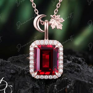 Vintage 4CT Emerald Cut Ruby Necklace Maple Leaf Solid 14k Rose Gold Halo Diamond Pendant Women  Red Gemstone Necklace Gift anniversary