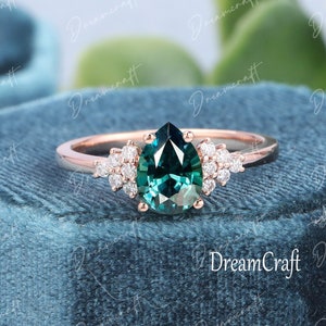 Blue Green Sapphire Engagement Ring Rose Gold Ring Unique Pear Engagement Ring Cluster Ring Diamond  Wedding Bridal Ring Anniversary Ring
