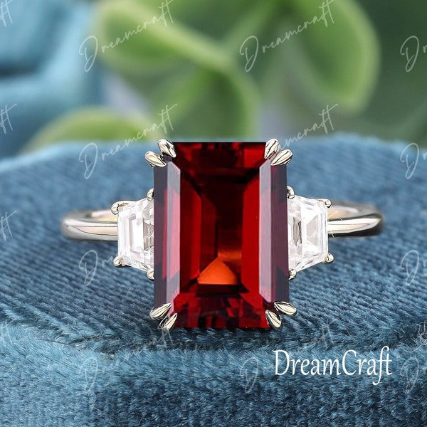 Vintage Garnet Engagement Ring 4ct Emerald Cut White Gold Engagement Cluster Ring Moissanite Bridal Ring Promise Ring Anniversary Gift