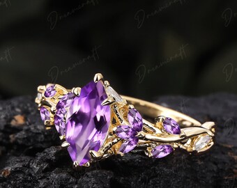 Vintage Marquise Cut Amethyst Engagement Ring Unique Cluster Promise Ring For Her  Gold Art Deco Leaf  Gemstone Branch Nature Inspired Ring