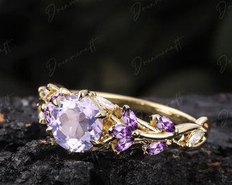 Vintage Lavender Amethyst Engagement Ring Unique Cluster Promise Ring For Her Solid Gold Art Deco Leaf  Gemstone Branch Nature Inspired Ring