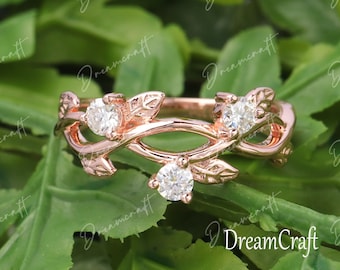 Vintage Diamond leaf wedding band rose gold Round cut moissanite unique matching Stacking Band Antique Wedding ring Anniversary band