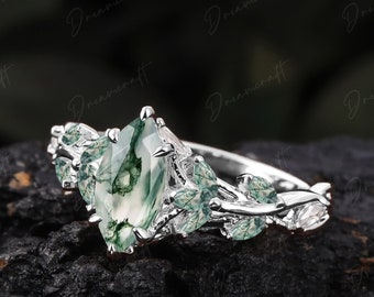 Vintage Marquise Cut Moss Agate Engagement Ring Sets Leaf Platinum White Gold Nature Inspired Cluster Promise Ring Art Deco Branch Ring Gift