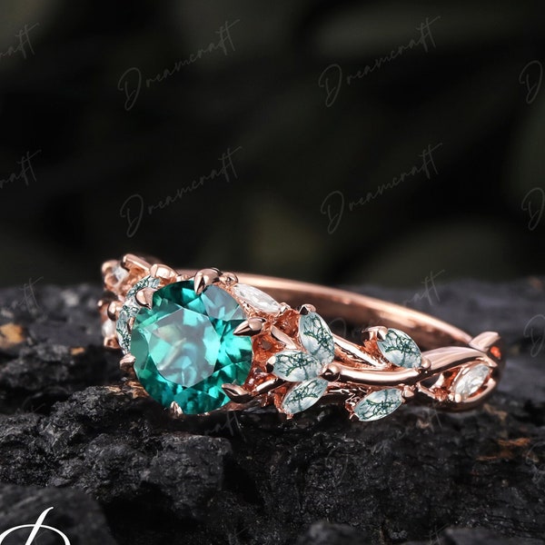 Anillo de compromiso esmeralda vintage anillo de promesa único para su oro rosa hoja art déco rama de piedra preciosa verde anillo de racimo inspirado en la naturaleza