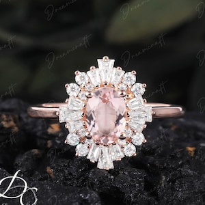 Vintage Peach pink Morganite engagement ring  Unique Art deco Oval engagement ring rose gold Halo starburst Baguette Bridal Anniversary