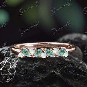 Vintage Moss agate wedding band rose gold Marquise Cut moss agate Opal matching Stacking Delicate promise ring wedding ring Women