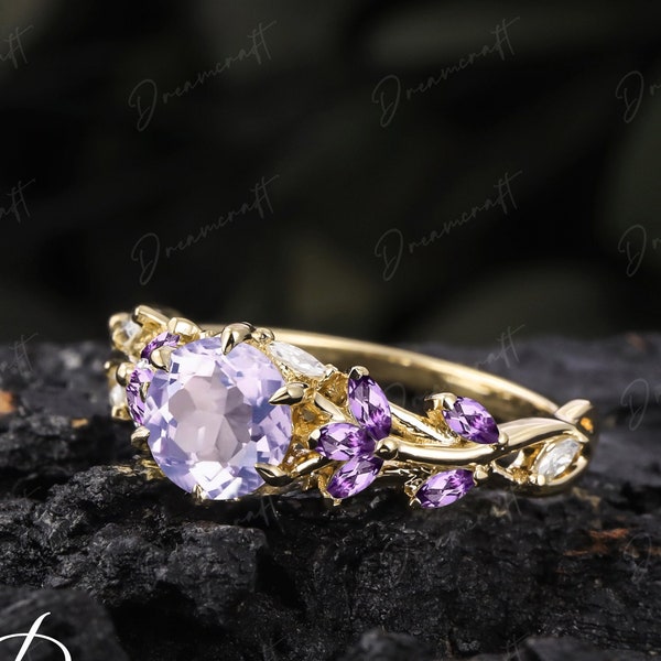 Vintage Lavender Amethyst Engagement Ring Unique Cluster Promise Ring For Her Solid Gold Art Deco Leaf  Gemstone Branch Nature Inspired Ring