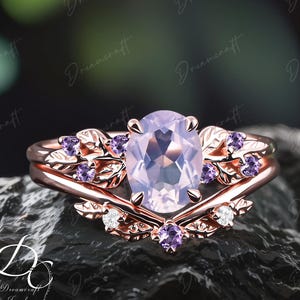 Art Deco Leaf Rose Gold Lavender Amethyst Engagement Ring Sets Nature Inspired Cluster Promise Ring  Gemstone Bridal Set Jewelry Gifts Women