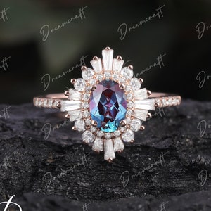 Vintage Alexandrite engagement ring, oval shaped solid 14k rose gold diamond ring, art deco paved band Gatsby baguette diamond bridal ring