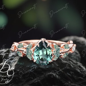 Vintage Pear Cut Green Sapphire Engagement Ring Unique Cluster Promise Ring Rose Gold Art Deco Leaf  Branch Nature Inspired Jewelry Gift