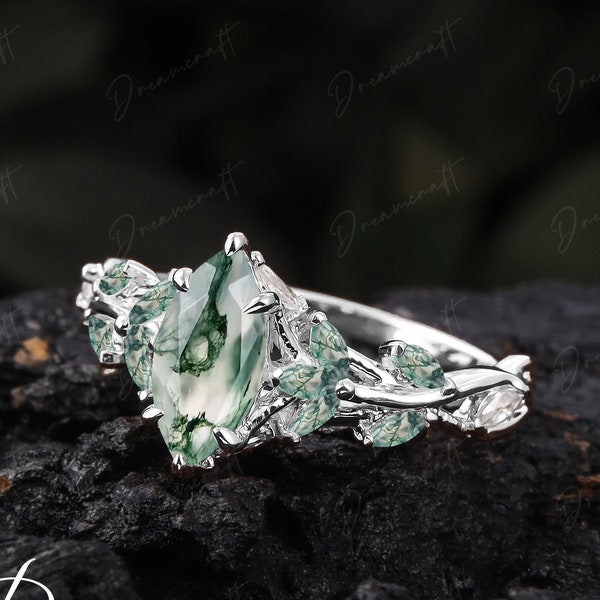 Vintage Marquise Cut Moss Agate Engagement Ring Sets Leaf Platinum White Gold Nature Inspired Cluster Promise Ring Art Deco Branch Ring Gift