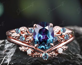 Art Deco Leaf  Rose Gold Alexandrite Engagement Ring Sets Nature Inspired Cluster Promise Ring Green Gemstone Branch Bridal Set Jewelry Gift