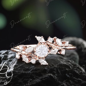 Diamond / Moissanite Engagement Ring Yellow gold vintage engagement ring Cluster ring unique leaf wedding Bridal ring Promise Anniversary