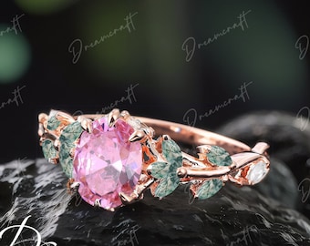 Vintage Oval Pink Sapphire Engagement RingPromise Ring  Unique Cluster  Gold Art Deco Leaf Sep Birthstone Gemstone Branch Nature Inspired