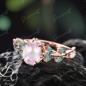 Vintage Oval Cut Rose Quartz Engagement Ring Nature Inspired Cluster Promise Ring Rose Gold Art Deco Leaf Pink Gemstone Branch Bridal Ring