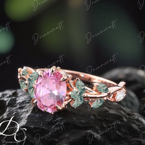 Vintage Oval Pink Sapphire Engagement RingPromise Ring  Unique Cluster  Gold Art Deco Leaf Sep Birthstone Gemstone Branch Nature Inspired