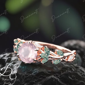 Vintage Rose Quartz Engagement Ring Nature Inspired Cluster Promise Ring Rose Gold Art Deco Leaf Pink Gemstone Branch Bridal Ring Gifts