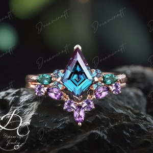Kite Cut Alexandrit Ring für Frauen vintage Alexandrit Verlobungsring Set Art Deco Smaragdring Amethyst einzigartig Hochzeit Band