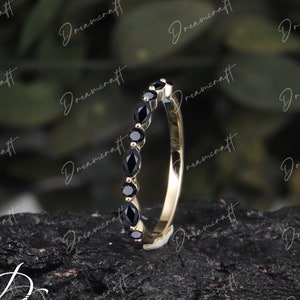 Unique marquise cut Black Diamond  wedding band Solid 14K 18K Gold wedding band Vintage half eternity Bridal Matching Stacking band women