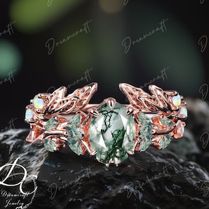 Vintage Oval Moss Agate Engagement Ring Sets Leaf Moss Agate Cluster Promise Ring For Her Rose Gold Art Deco Leaf Green Gemstone Branch