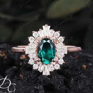 Emerald engagement ring vintage Art deco rose gold  Oval Unique engagement ring Halo Multi Baguette Flower Bridal Anniversary Ring Women