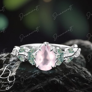 Vintage Pear Cut Rose Quartz Engagement Ring Nature Inspired Cluster Promise Ring White Gold Art Deco Leaf Pink Gemstone Branch Ring