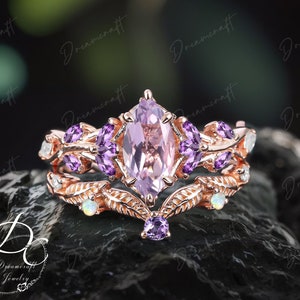 Vintage Marquise Cut Lavender Amethyst Engagement Ring Sets Leaf Nature Inspired Cluster Promise Ring Rose Gold Art Deco Branch Ring Gifts
