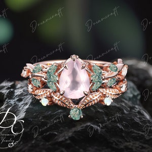 Vintage Pear Cut Rose Quartz Engagement Ring Nature Inspired Cluster Promise Ring Rose Gold Art Deco Leaf Pink Gemstone Branch Ring