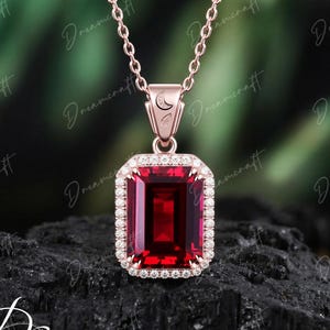 Vintage 4CT Emerald Cut Ruby Necklace Moon  Solid 14k Rose Gold Diamond Halo Pendant Women July Birthstone Necklace Gift anniversary