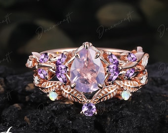 Vintage Pear Lavender Amethyst Engagement Ring Sets Nature Inspired Cluster Promise Ring Feb Brithstone Rose Gold Art Deco Leaf Branch Ring