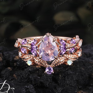 Vintage Pear Lavender Amethyst Engagement Ring Sets Nature Inspired Cluster Promise Ring Feb Brithstone Rose Gold Art Deco Leaf Branch Ring