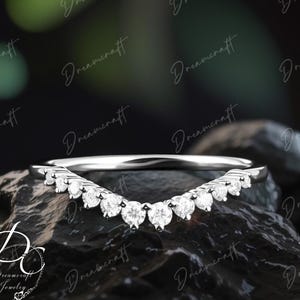 Vintage Diamond wedding band white gold  curved wedding band Round cut moissanite matching band Stacking Band Unique Anniversary ring