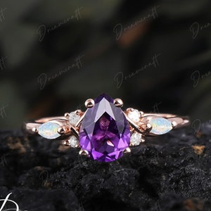 Vintage Pear Shaped Amethyst engagement ring Unique rose gold Feb Birthstone Gemstone Opal Promise Ring Art Deco Bridal Cluster ring Women