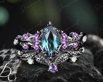 Gothic Black Gold Marquise Cut Alexandrite Engagement Ring Sets Nature Inspired Cluster Promise Ring  Art Deco Leaf Gemstone Bridal Set